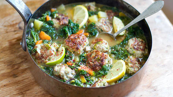 Turkey Meatballs with Kale in Lemony Garlic Broth