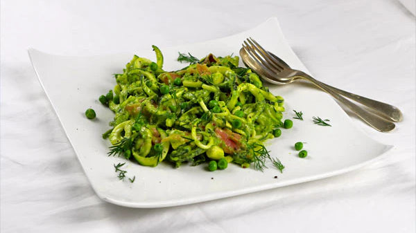 Raw Zucchini Pasta with Smoked Salmon and an Avocado and Dill Pesto