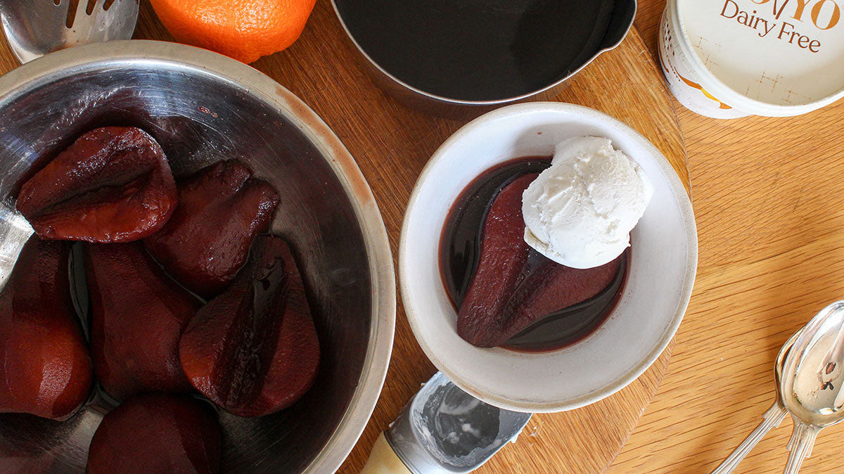 Red Wine Poached Pears with Coconut Sugar, Ginger & Vanilla