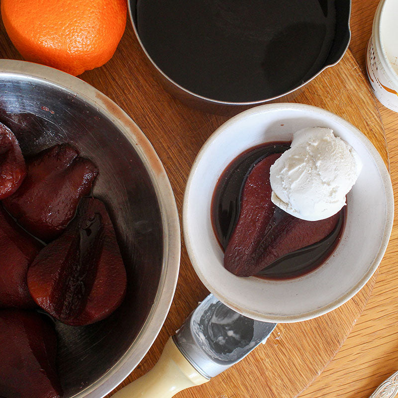 Red Wine Poached Pears with Coconut Sugar, Ginger & Vanilla