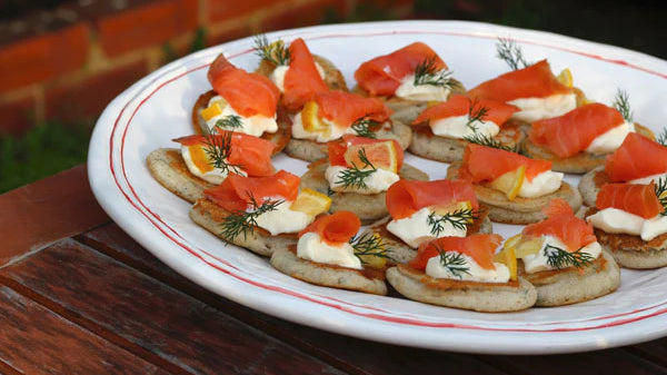 Dill, Lemon & Buckwheat Blinis with Smoked Salmon & Cream Fraiche