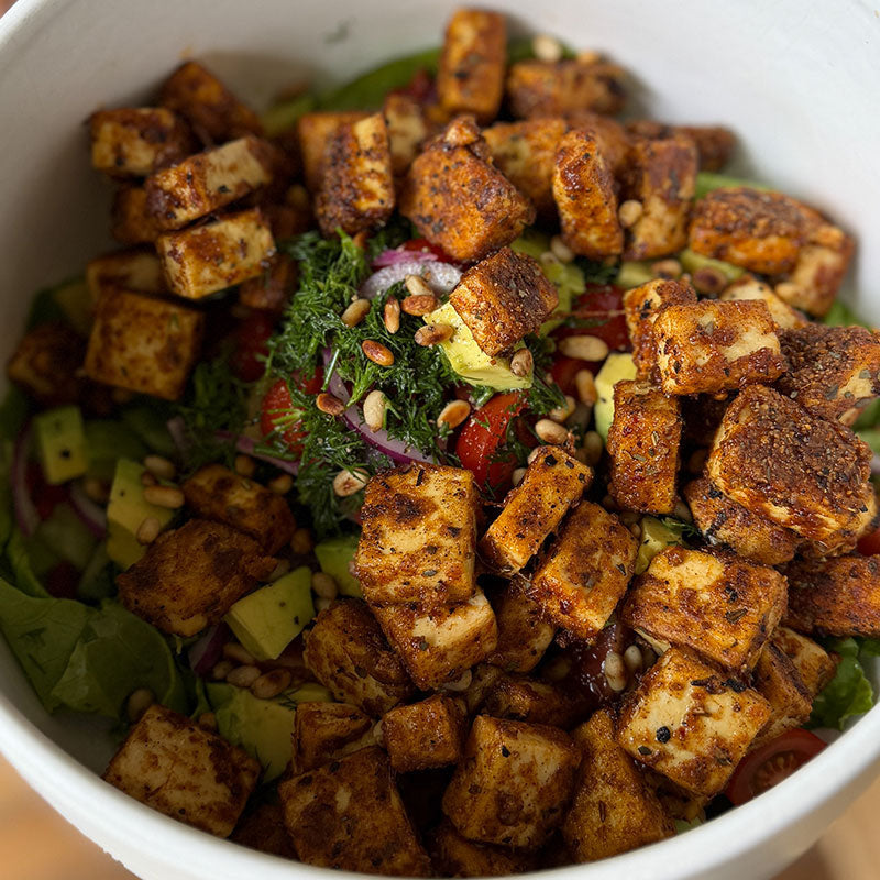 Bowl with spicy crispy tofu salad