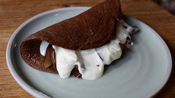 Chocolate Sweet Omelette with Coconut Sautéed Pears