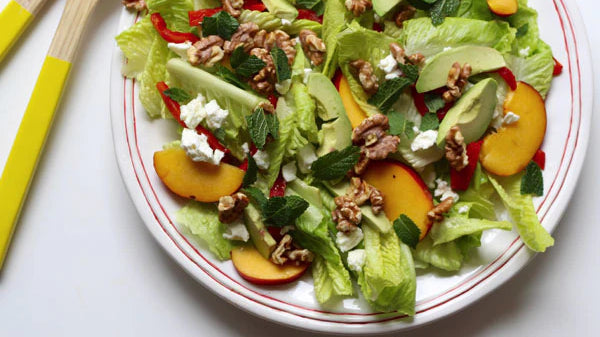 Cos lettuce salad with peach, grilled capsicum and toasted walnuts