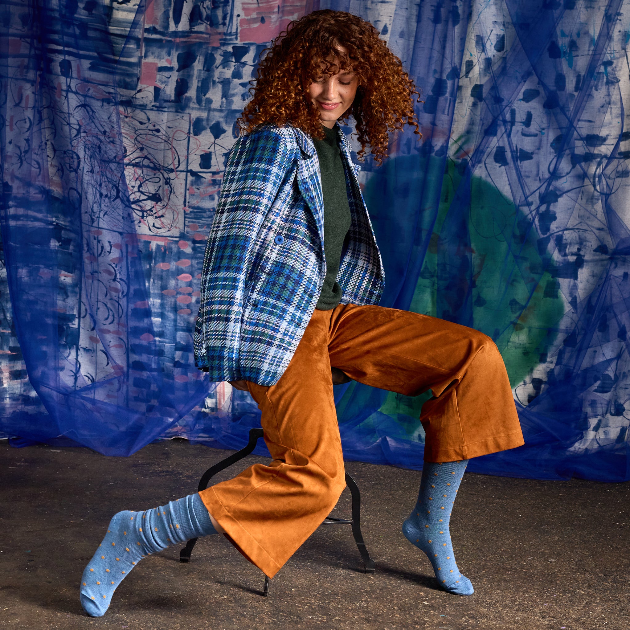Merino Wool Knee Length Socks - Dotty in Blue