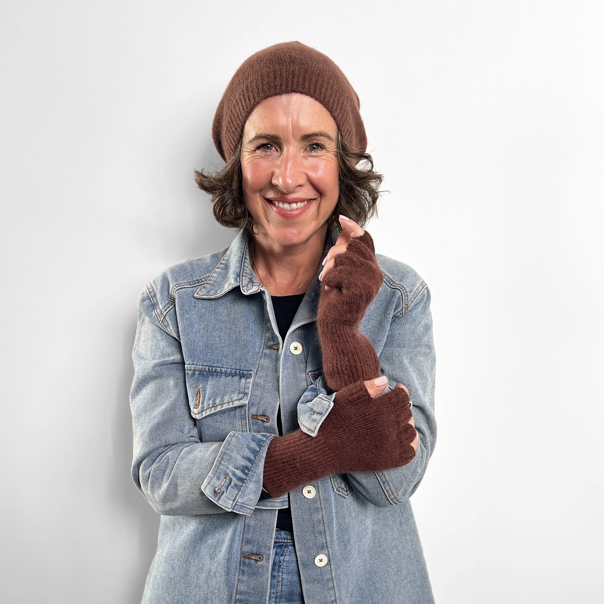 Angora & Lambswool Fingerless Gloves & Beanie in Dutch Chocolate