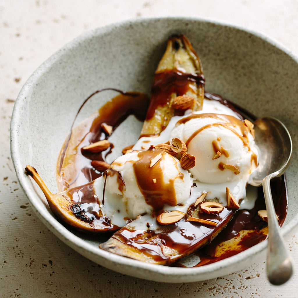 Grilled banana spilts with miso caramel