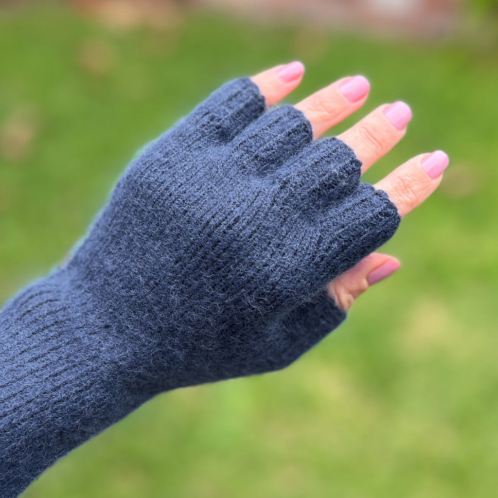 Angora & Lambswool Fingerless Gloves - Navy