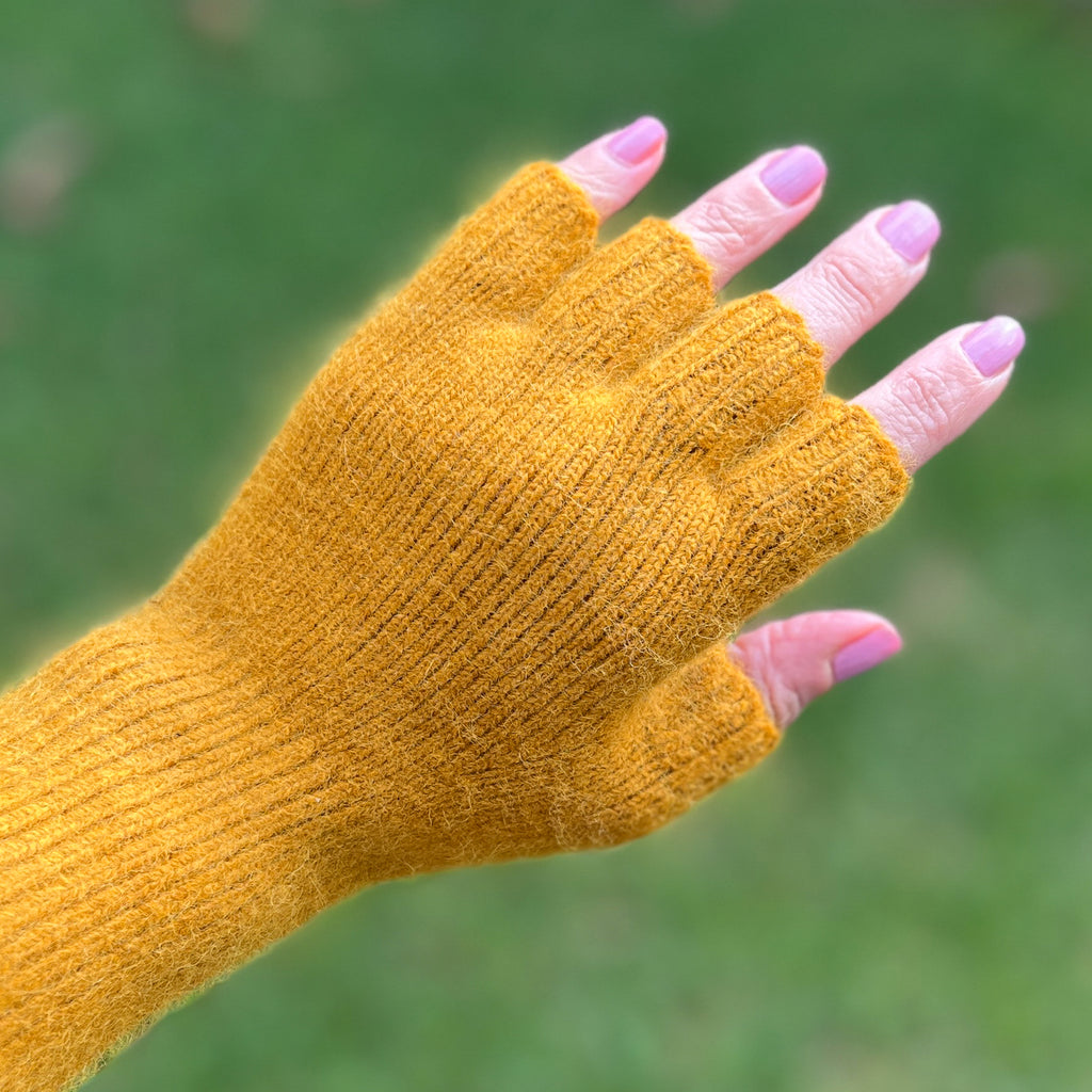 Angora & Lambswool Fingerless Gloves - Old Gold