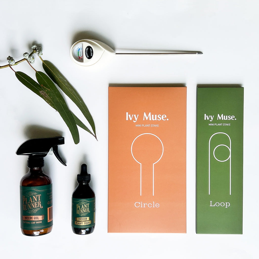 The 'Let it Grow' bundles comes with Plant Runner Neem Oil, Pant Runner Indoor Food, two Ivy Muse plant stakes and a THI water meter. 