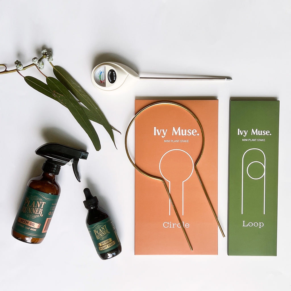 The 'Let it Grow' bundles comes with Plant Runner Neem Oil, Pant Runner Indoor Food, two Ivy Muse plant stakes and a THI water meter.