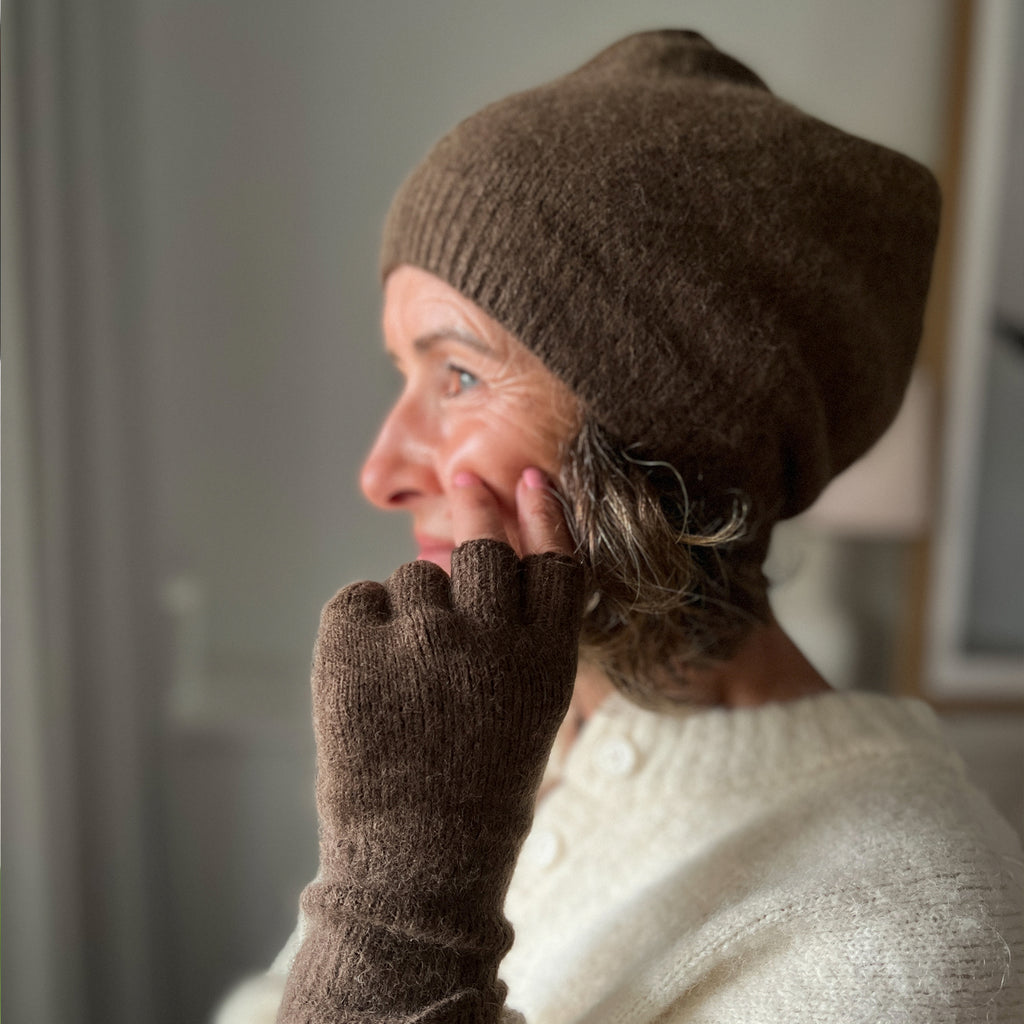 Amy wearing Angora & Lambswool Slouch Beanies and Fingerless Gloves in Milk Chocolate