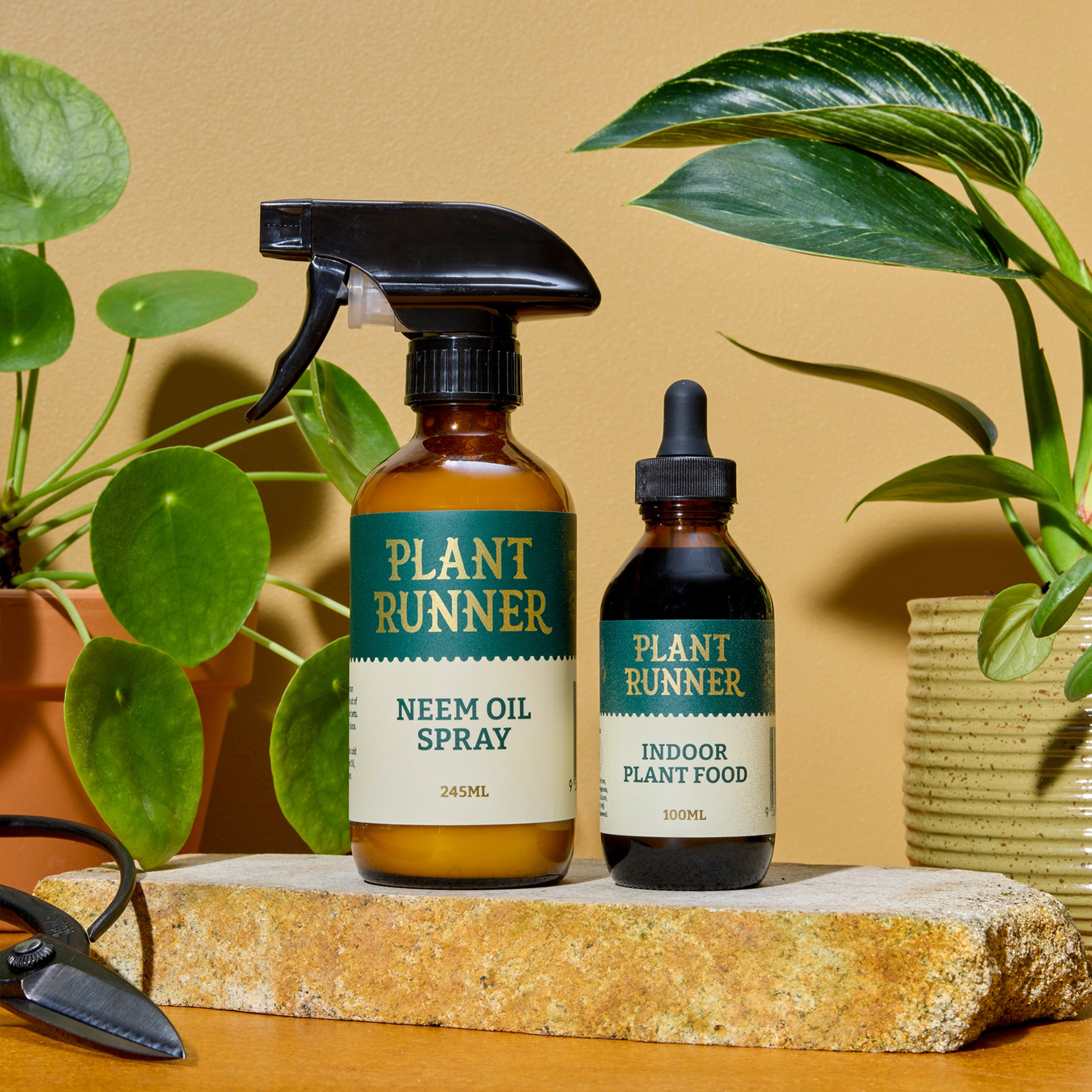 Two plant care products from Plant Runner - Neem Oil Spray and Indoor Plant Food - on a stone surface with plants in the background.