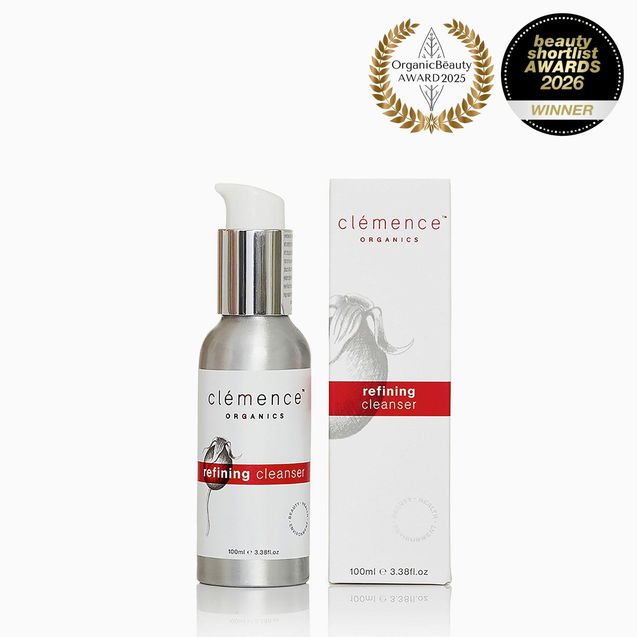 Clémence Organics Refining Cleanser bottle and packaging on a white background with awards displayed.
