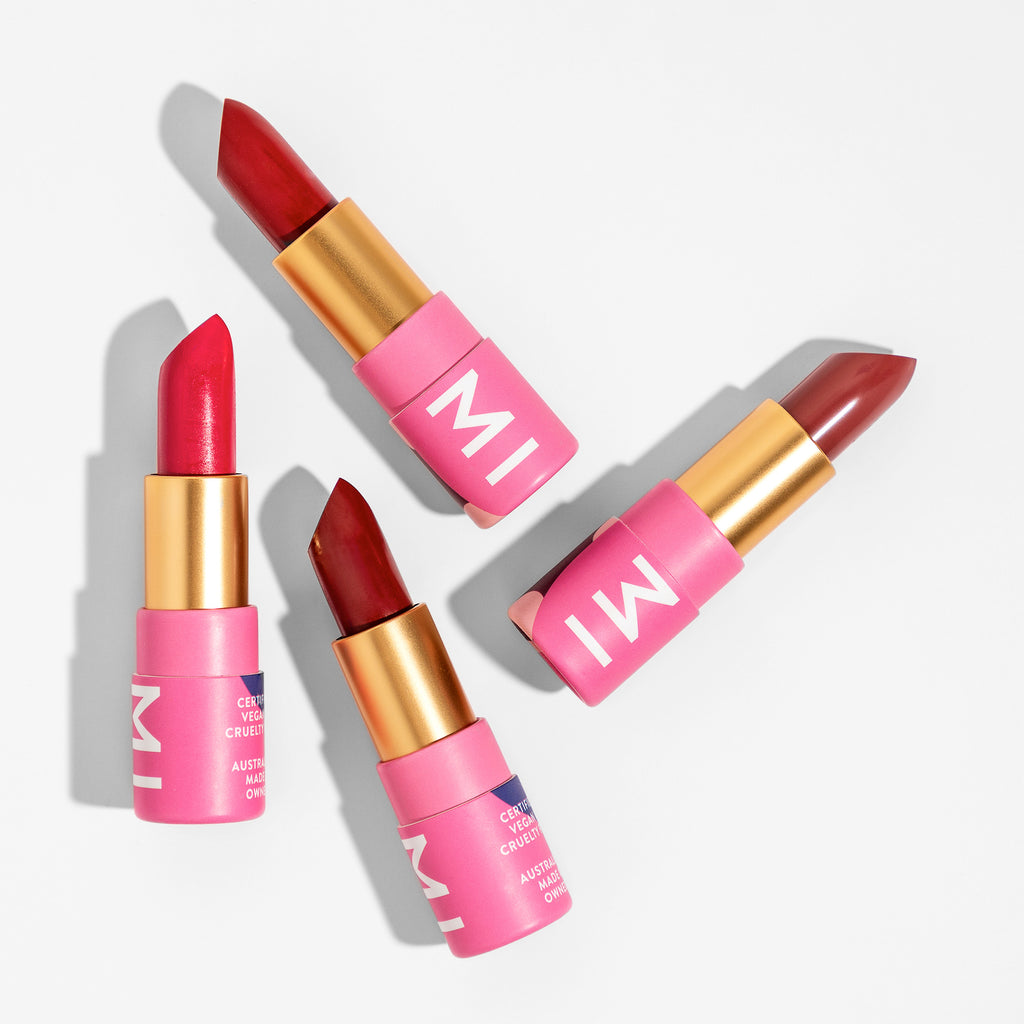 A selection of Hanami lipsticks in reds and pinks.