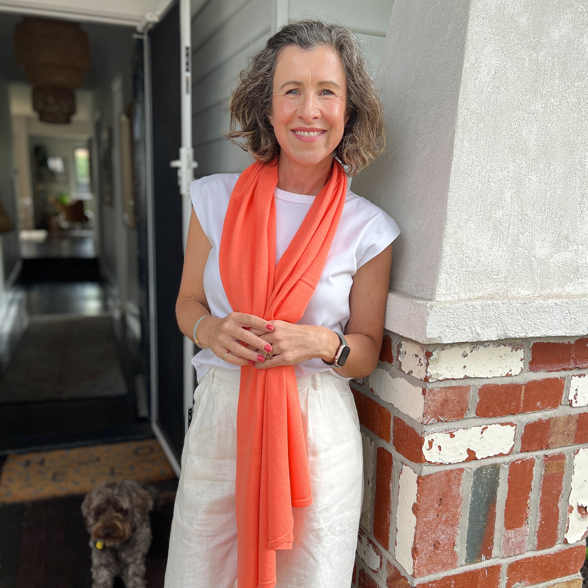 Amy wearing a Cotton Topper in Sherbert