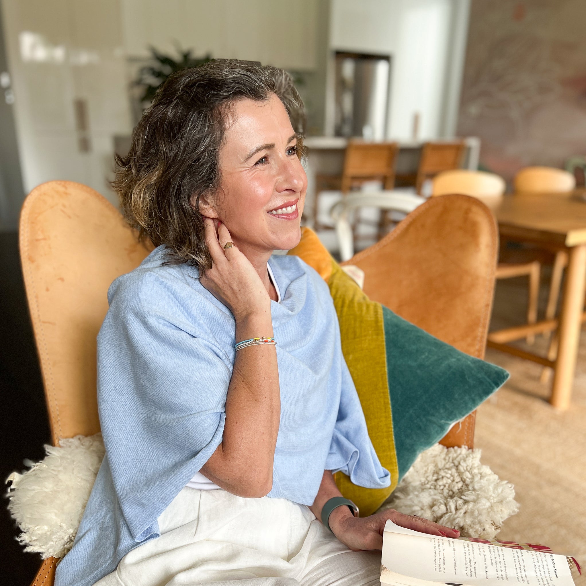 Amy wearing a Cotton Topper in Weekend Blue