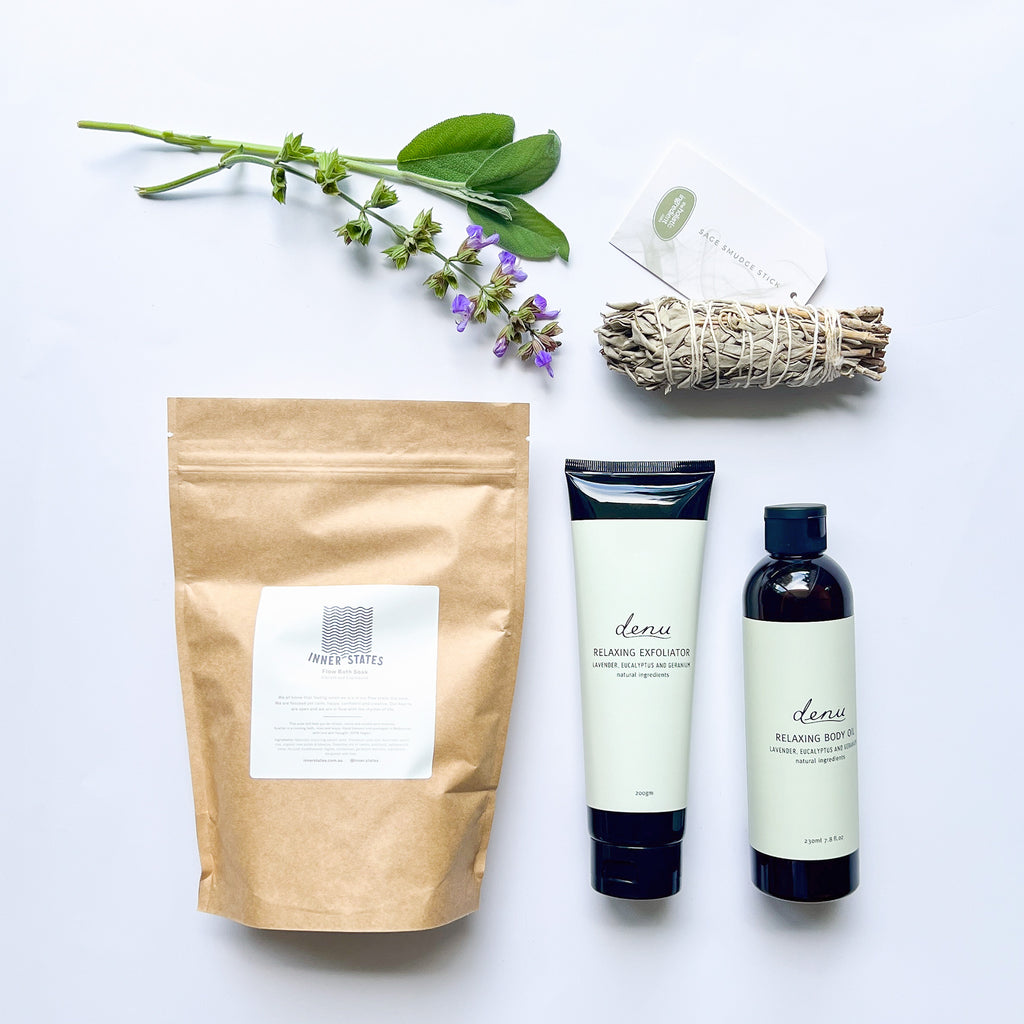 This bundle includes Inner States Flow Bath Soak, Denu Relaxing Exfoliator, Denu Relaxing Body Oil and The Holistic Ingredient Sage Smudge Stick