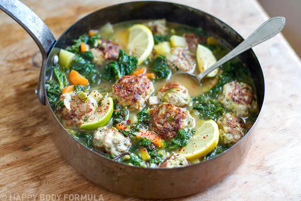 Turkey Meatballs with Kale in Lemony Garlic Broth