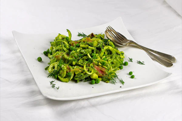 Raw Zucchini Pasta with Smoked Salmon and an Avocado and Dill Pesto