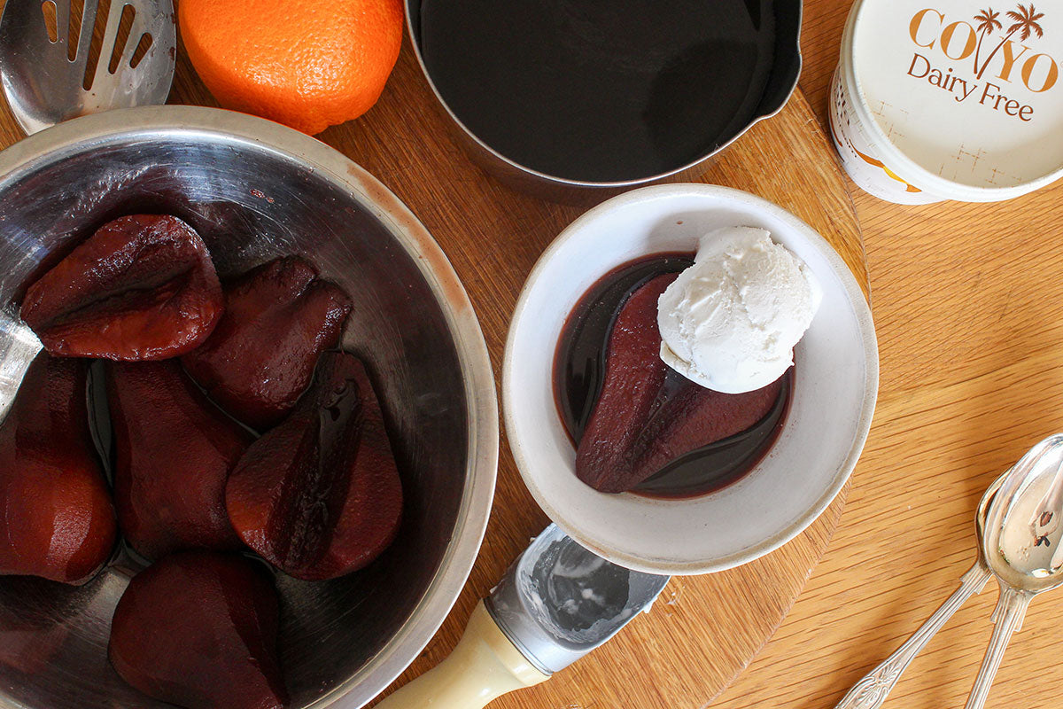Red Wine Poached Pears with Coconut Sugar, Ginger & Vanilla
