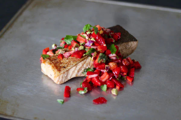 Crispy Skinned Salmon with Strawberry Pistachio Basil Salsa