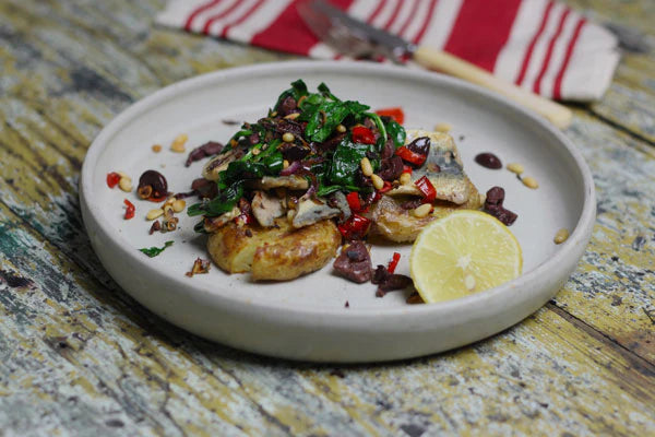 Spicy Sardine Fillets on Roasted Smashed Potatoes