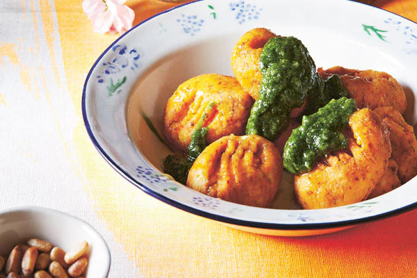 Sweet Potato Gnocchi with Kale Pesto & Pine Nuts.