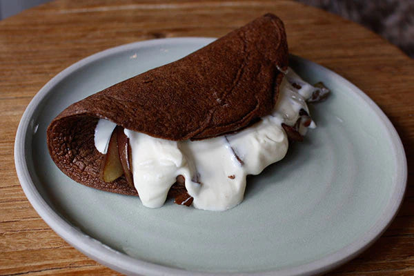 Chocolate Sweet Omelette with Coconut Sautéed Pears