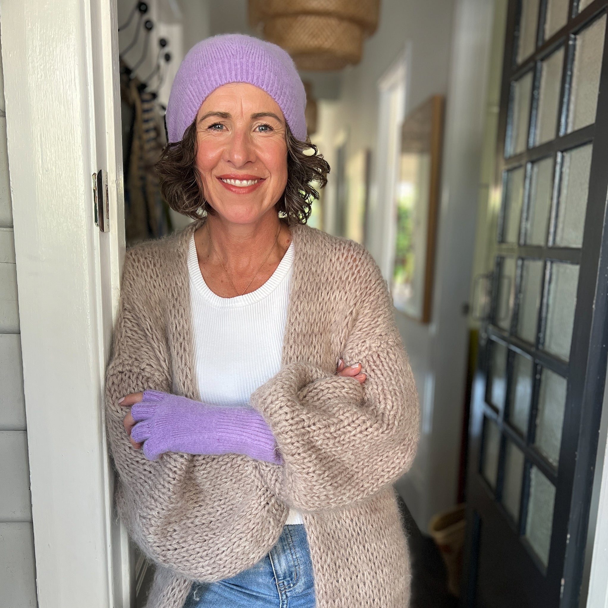 Angora & Lambswool Slouch Beanie & Gloves in Crocus