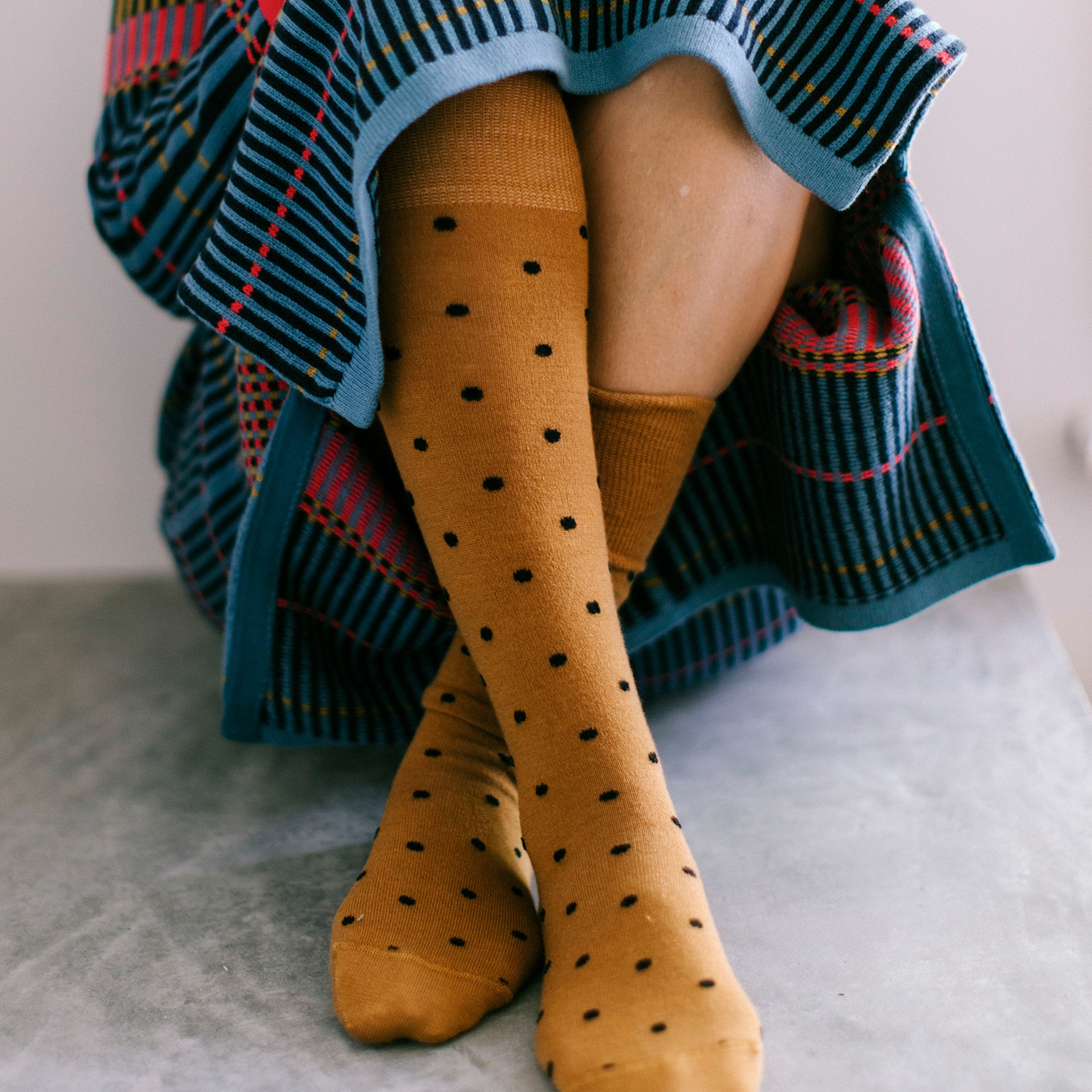 Tightology Mustard 'Dotty' Merino Wool Knee Length Socks