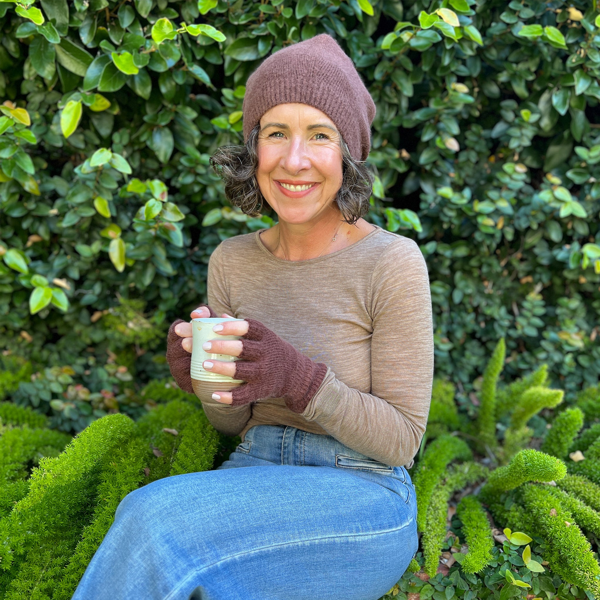 Angora & Lambswool Slouch Beanie and Fingerless Gloves in Dutch Cocoa