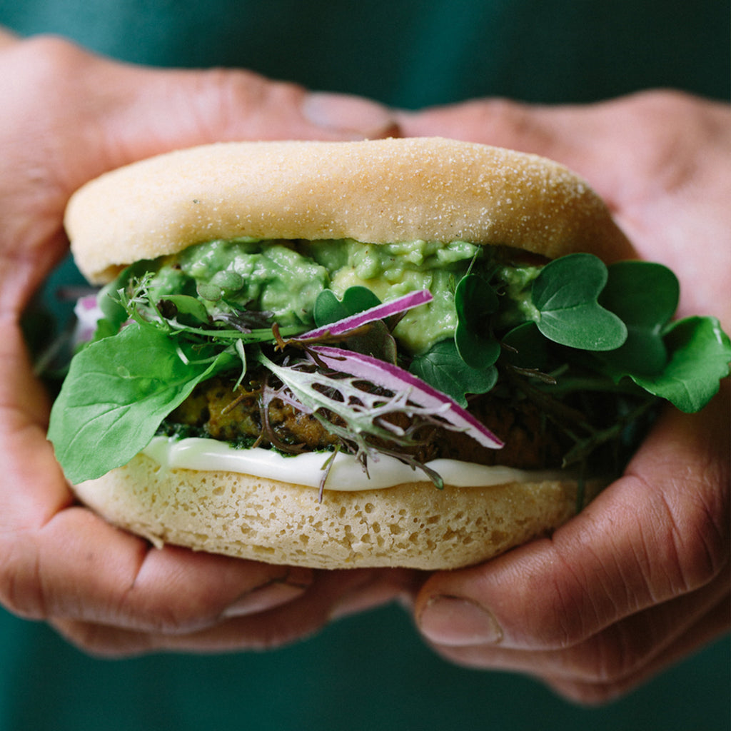 Tempeh + mushroom burgers with smashed avocado