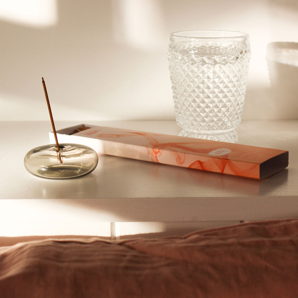 THI glass pebble incense holder and Australian sandalwood incense.