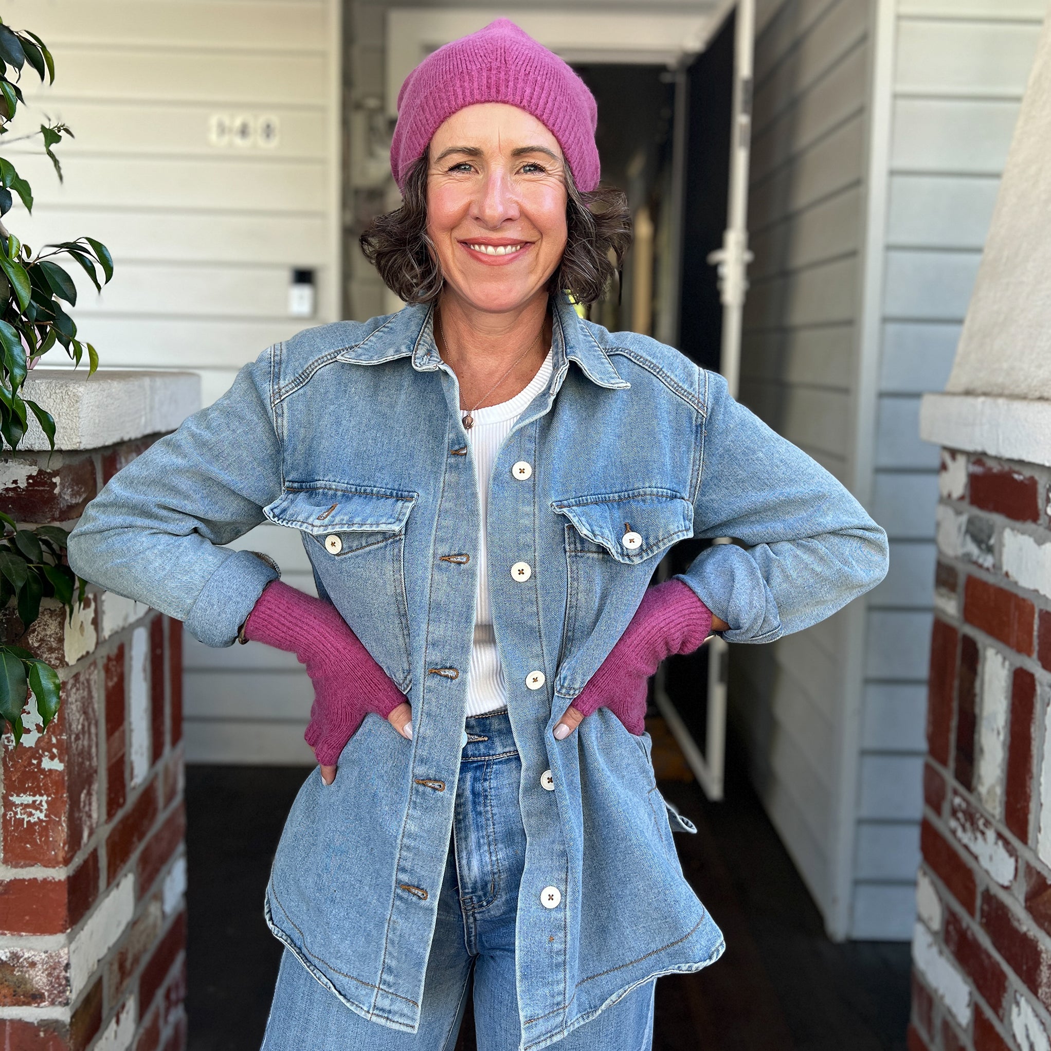 Angora & Lambswool Slouch Beanie & Fingerless Gloves in Indian Pink