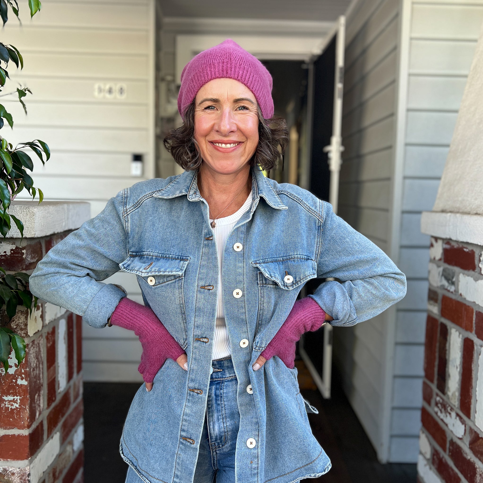 Angora & Lambswool Slouch Beanie & Fingerless Gloves in Indian Pink