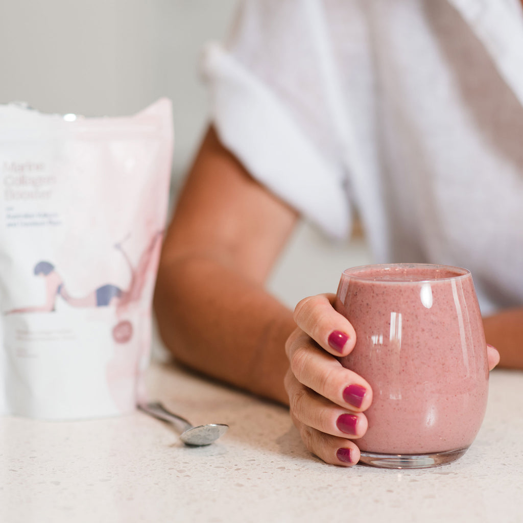 Marine Collagen with Australian Kakadu and Davidson Plum mixed in a smoothie.