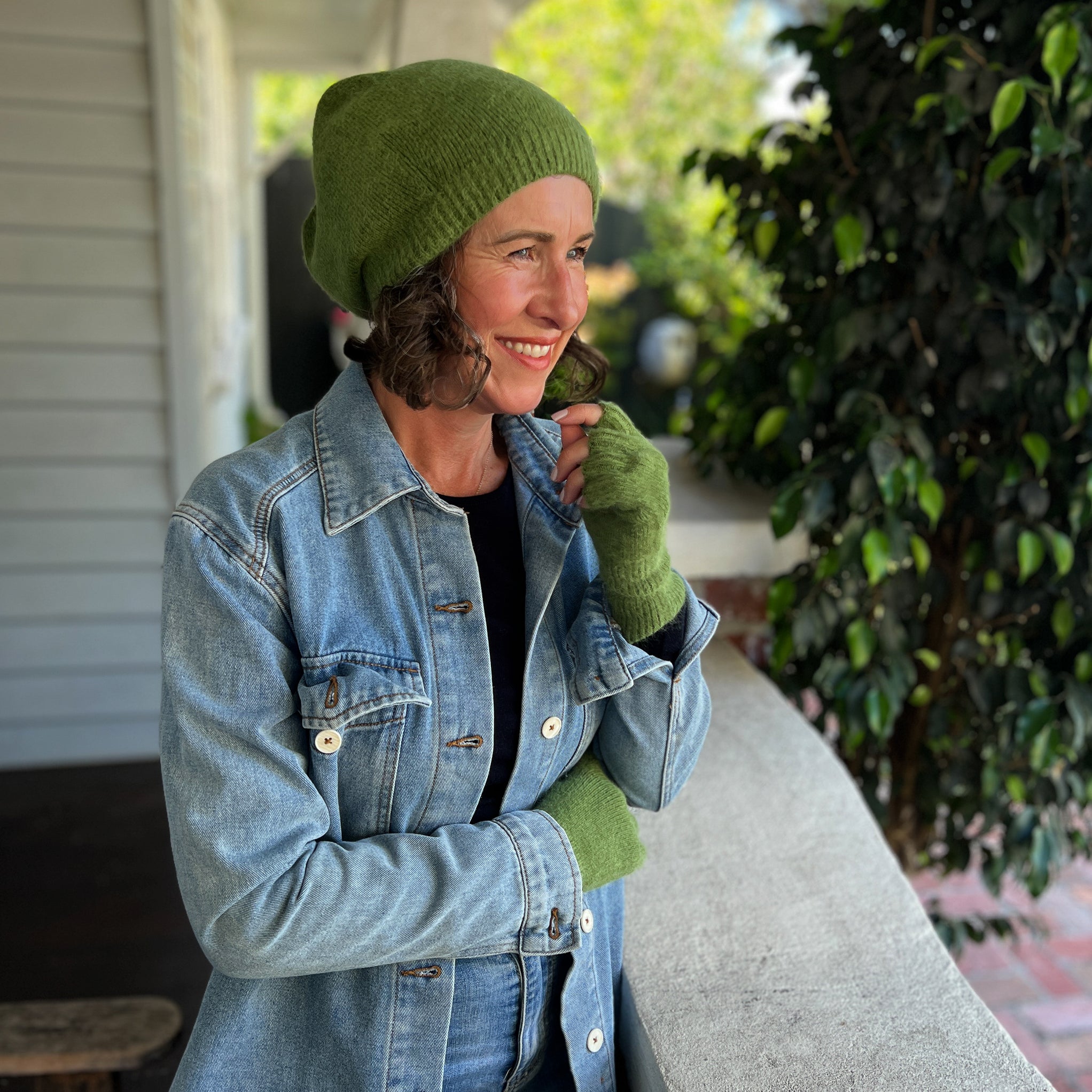 Angora & Lambswool Slouch Beanie & Fingerless Gloves in Meadow