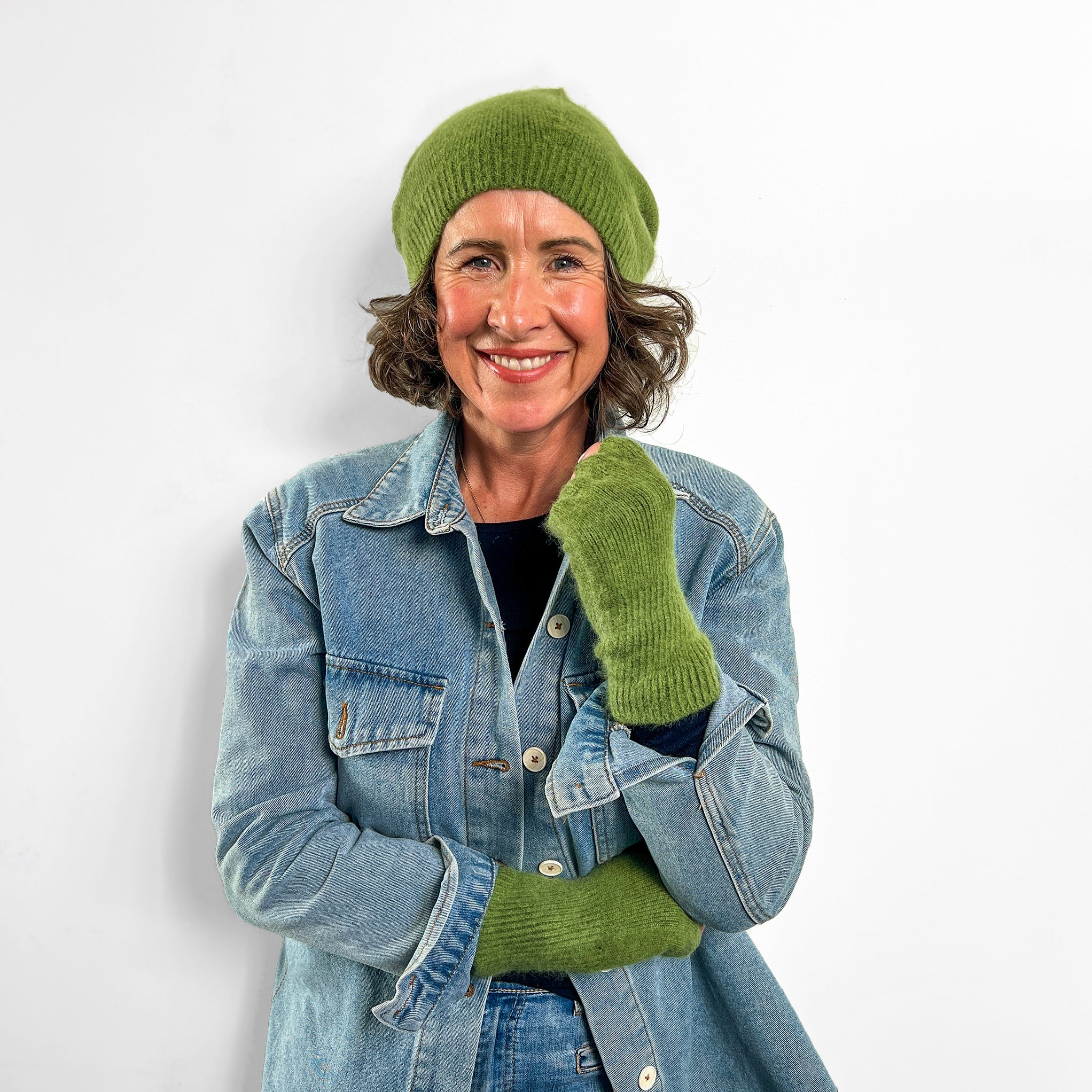 Angora & Lambswool Slouch Beanie & Fingerless Gloves in Meadow