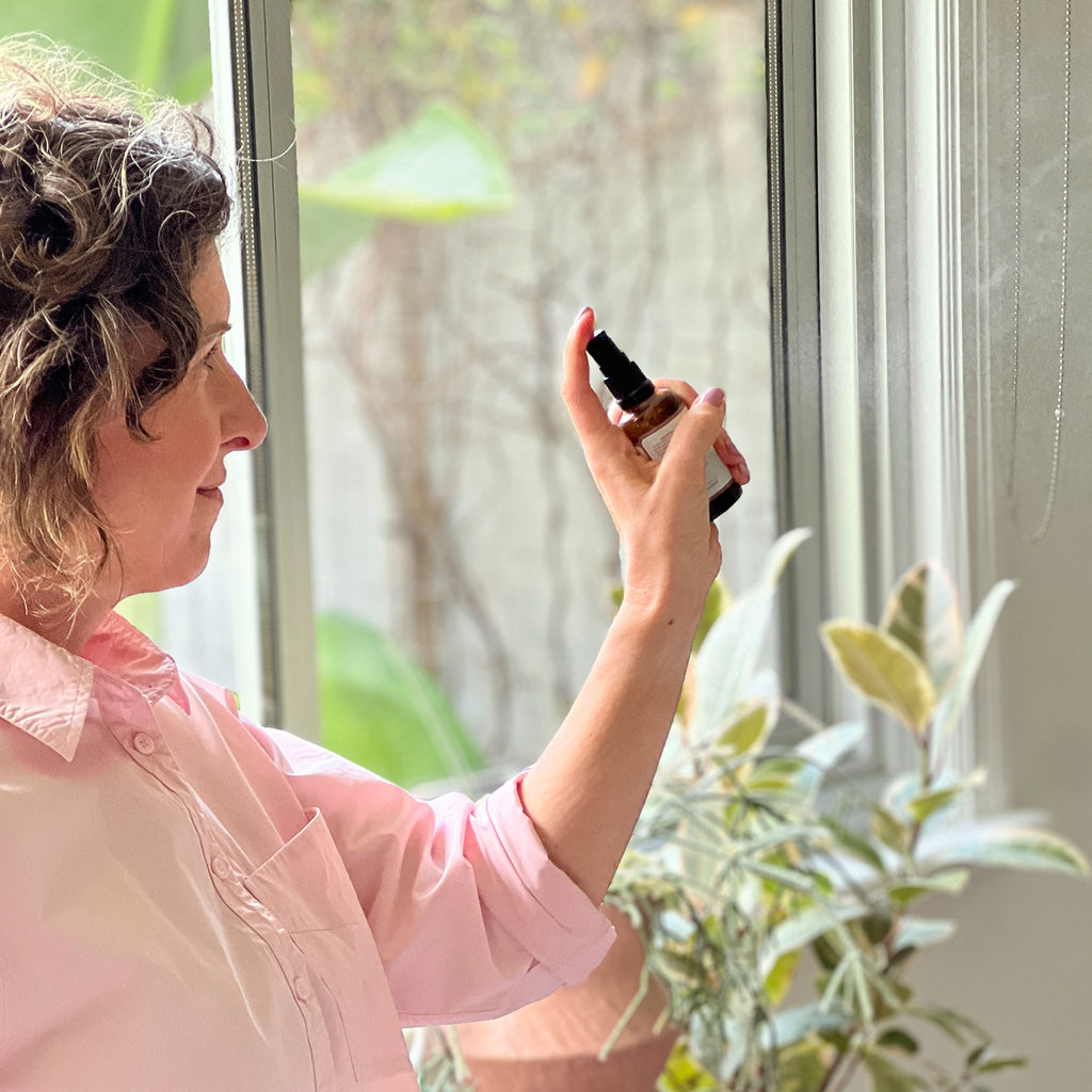 Amy spraying Inner States Meditate Space Mist