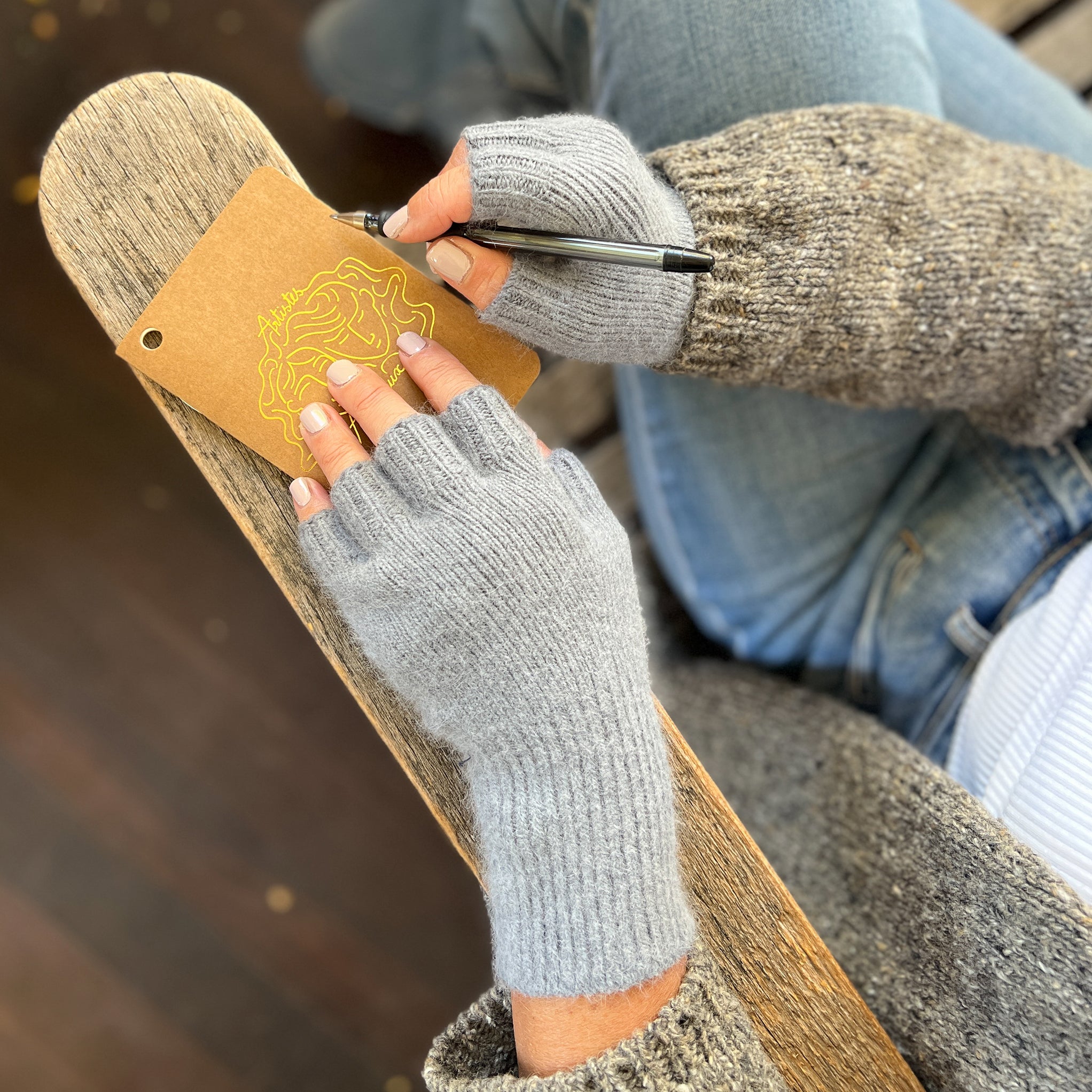 Angora & Lambswool Fingerless Gloves   in  Pigeon Grey