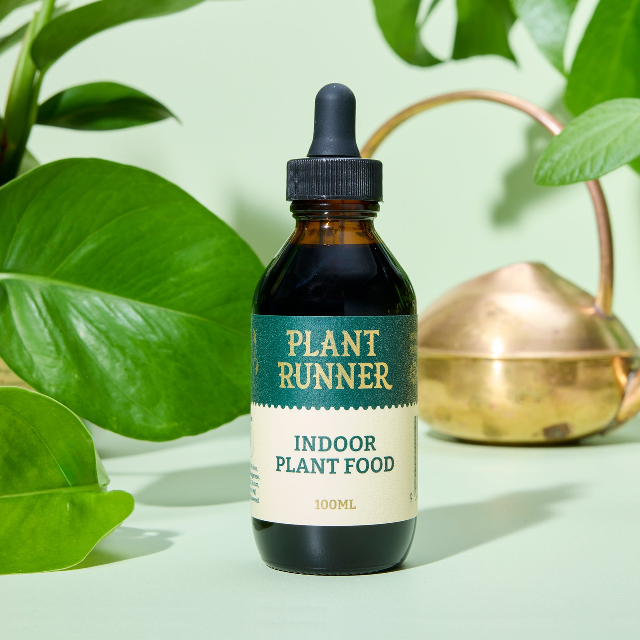 Bottle of Plant Runner Indoor Plant Food with a plant and brass watering can  in the background