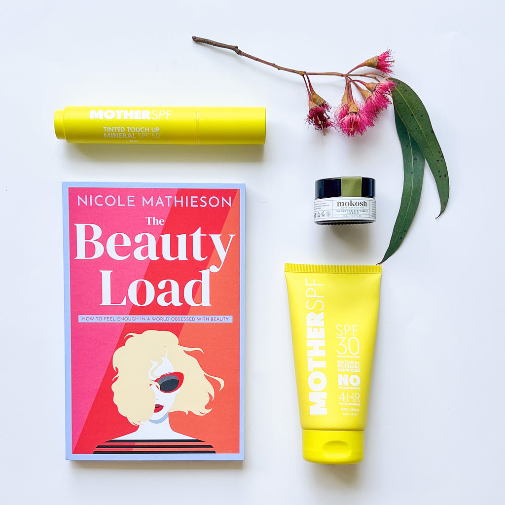 This gift bundle includes: The Beauty Load Book Mokosh Coconut and Blackcurrant Lip Balm Mother SPF Mineral Face & Body Sunscreen SPF 30 Mother SPF Tinted Touch Up Mineral SPF 50