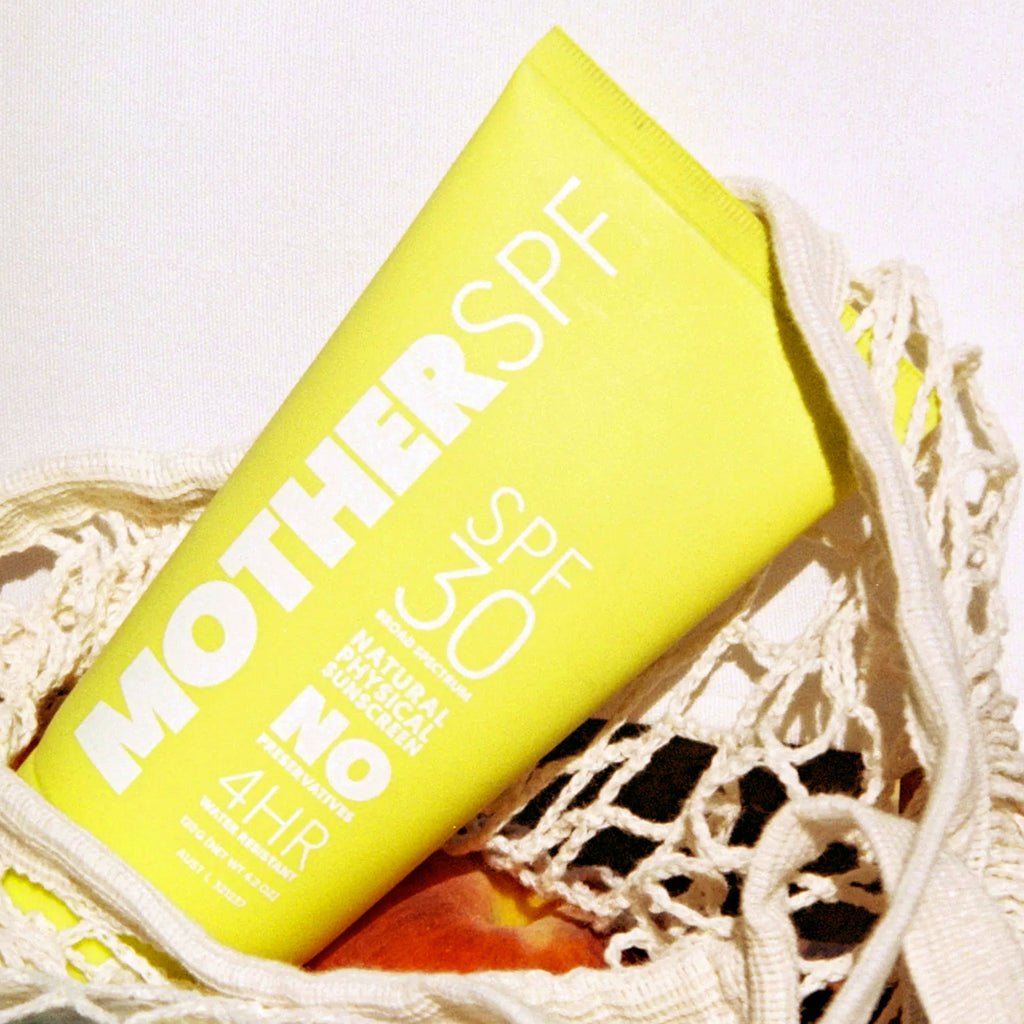 Mother SPF 30 Sunscreen in a string bag. 