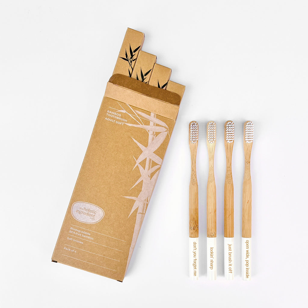 The Holistic Ingredient bamboo toothbrushes and  packaging.