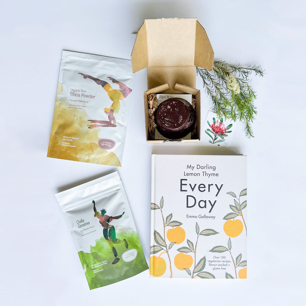 This gift bundle includes: My Darling Lemon Thyme: Everyday Recipe Book Wild Craft Ceremonial Cacao - 200g The Holistic Ingredient Daily Greens with Monk Fruit The Holistic Ingredient Organic Raw Maca Powder