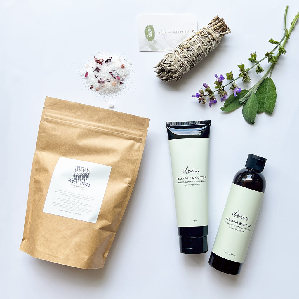 This bundle includes Inner States Flow Bath Soak, Denu Relaxing Exfoliator, Denu Relaxing Body Oil and The Holistic Ingredient Sage Smudge Stick