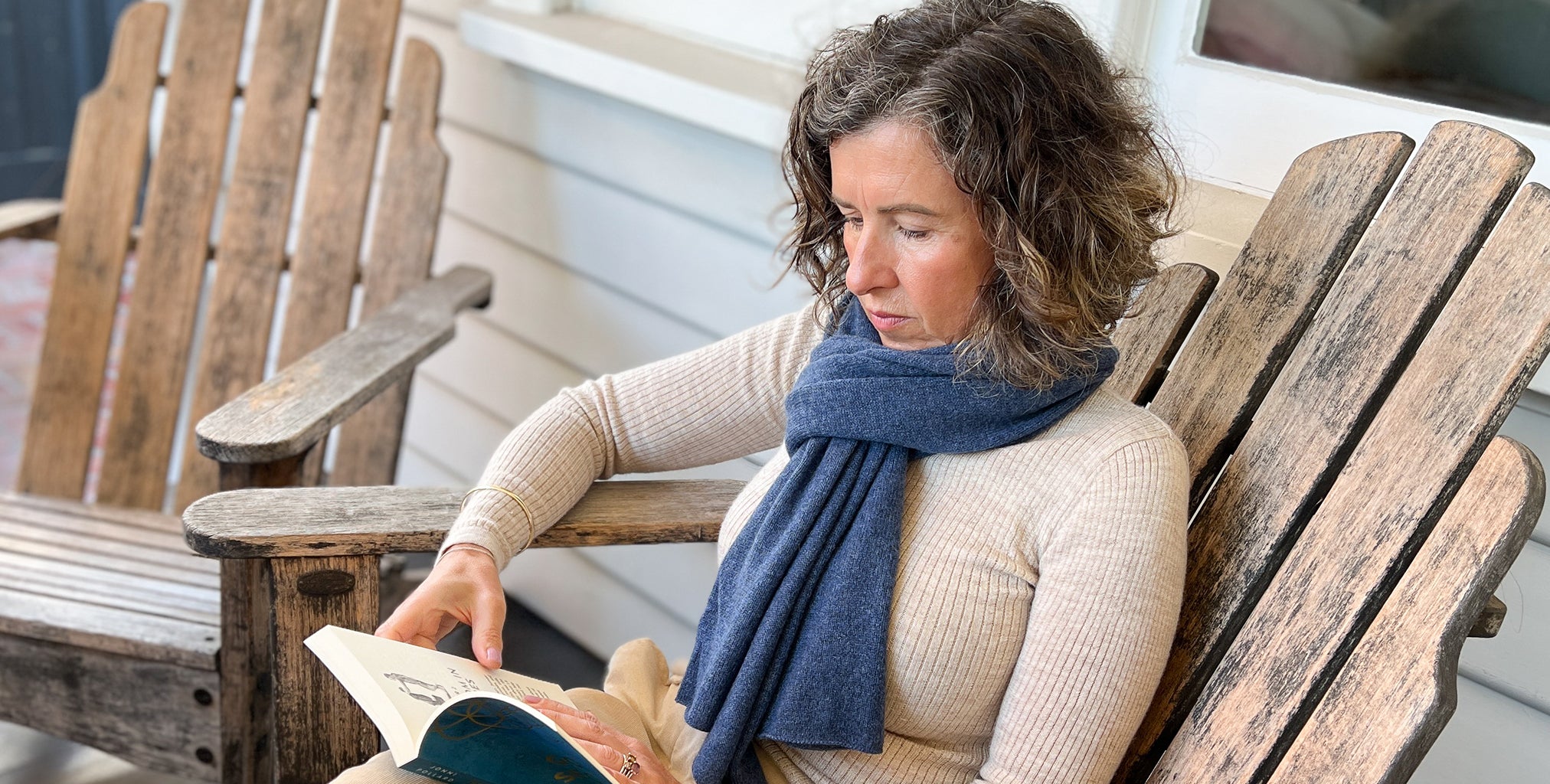 Amy wearing an Esperance & Co Cashmere Topper