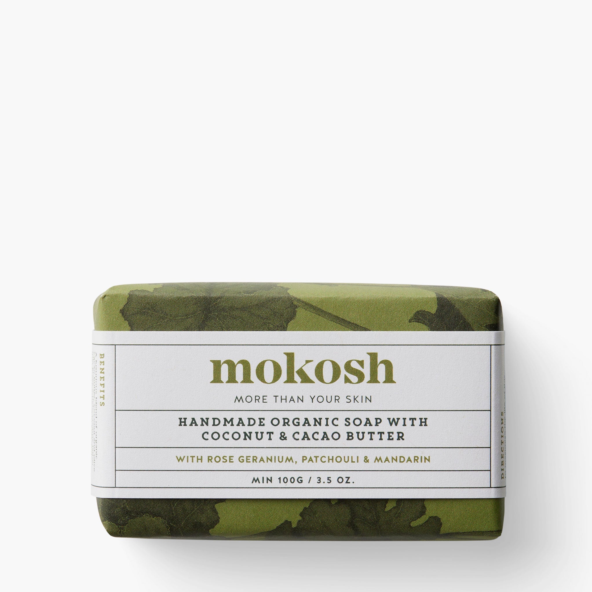 A bar of Mokosh handmade organic soap with rose geranium, patchouli & mandarin